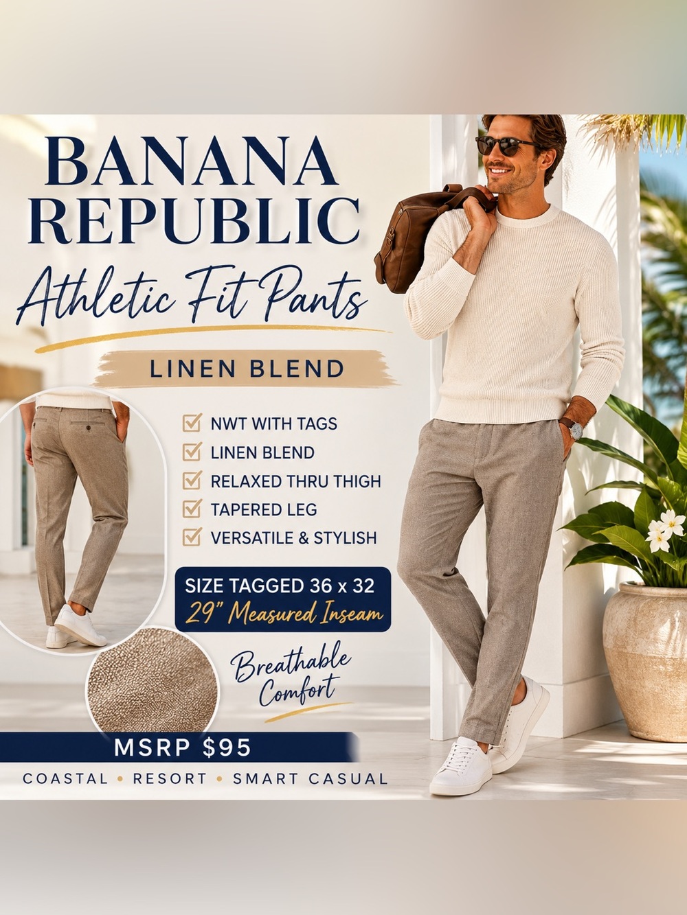 NWT Banana Republic Athletic Linen Blend Pants 36x29 Beige Tan $95 Neutral NEW